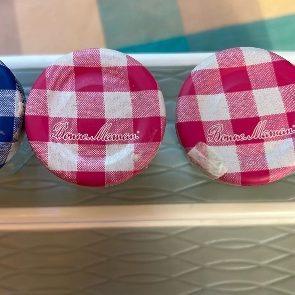 Bonne Maman Bundle of 5 Clear Glass with Assorted Color Gingham Lids Jars 1 Oz